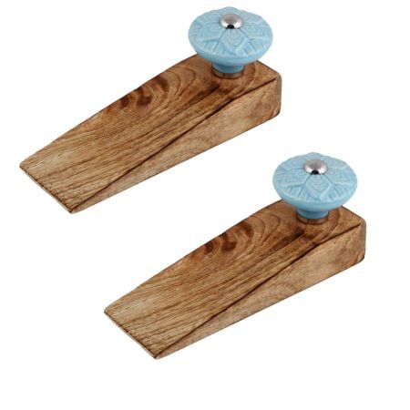 2 Pieces Blue Wheel Flower Ceramic Wooden Door Stopper